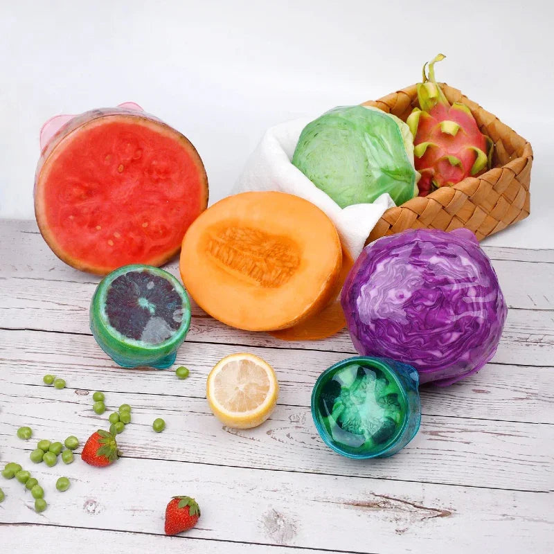 DeliOne Flex’n Fresh Stretch Lid covering a bowl, milk bottle and cut fruit