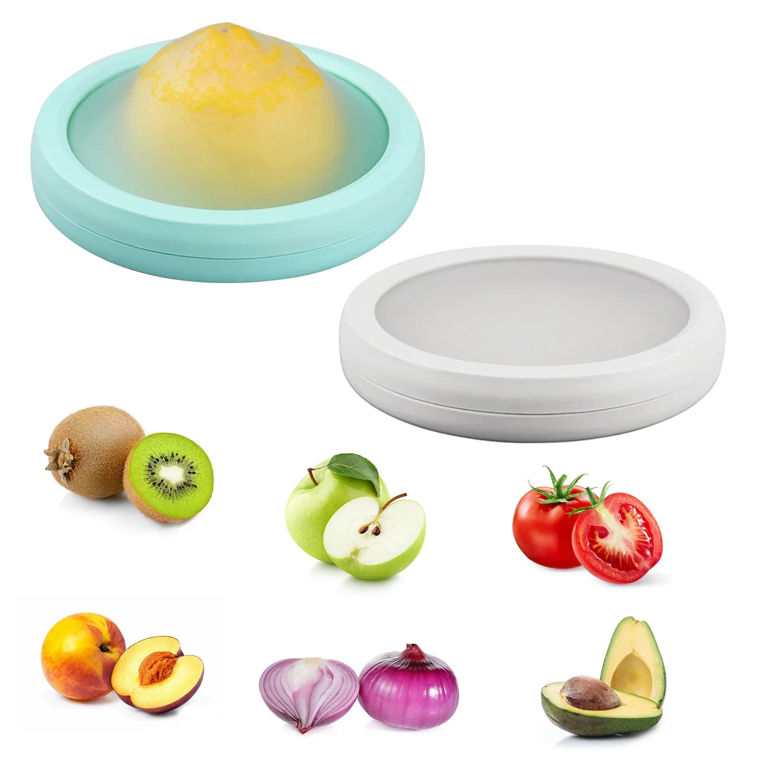 DeliOne Flex’n Fresh Stretch Pod silicone cover hugging half fruit or veggie