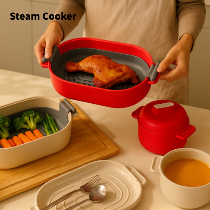 Red silicone steam cooker layout showing multiple sizes for food preparation