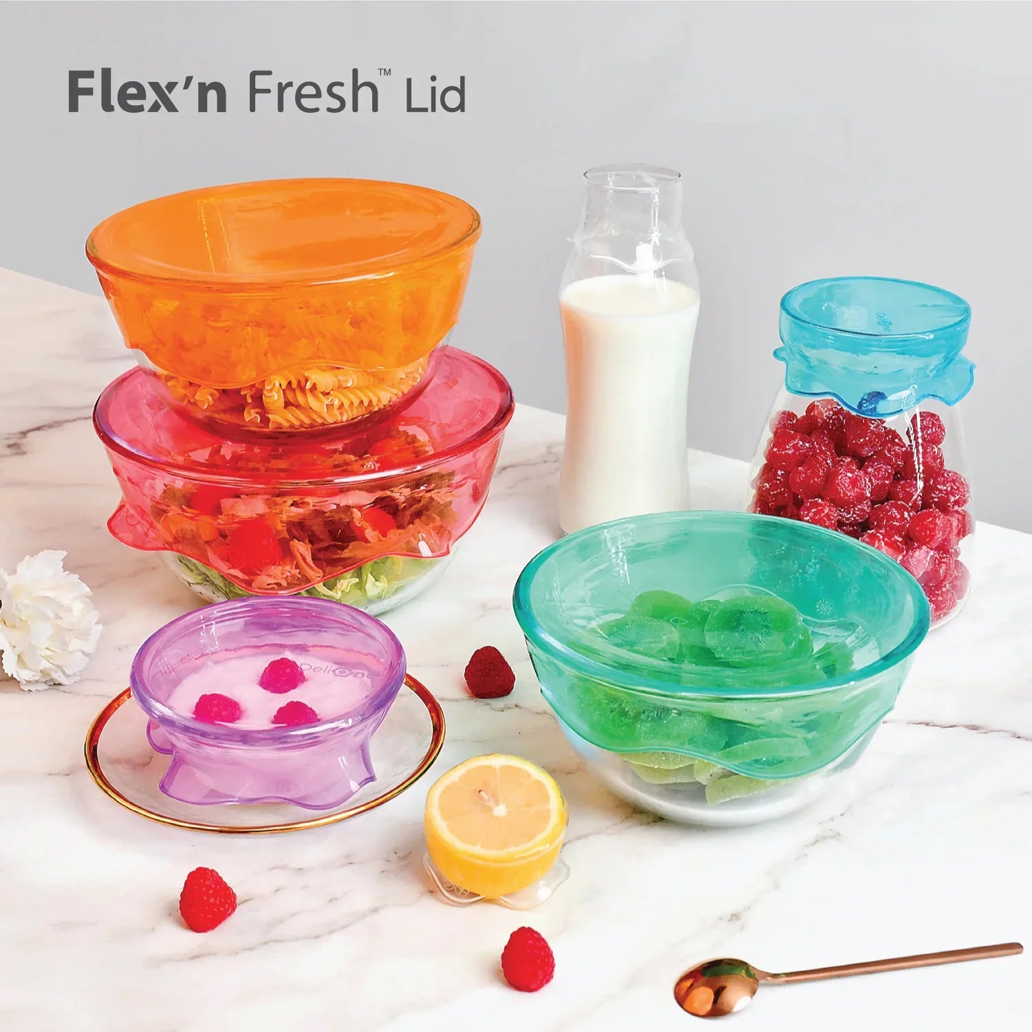 DeliOne Flex’n Fresh Stretch Lid covering a bowl, milk bottle and cut fruit