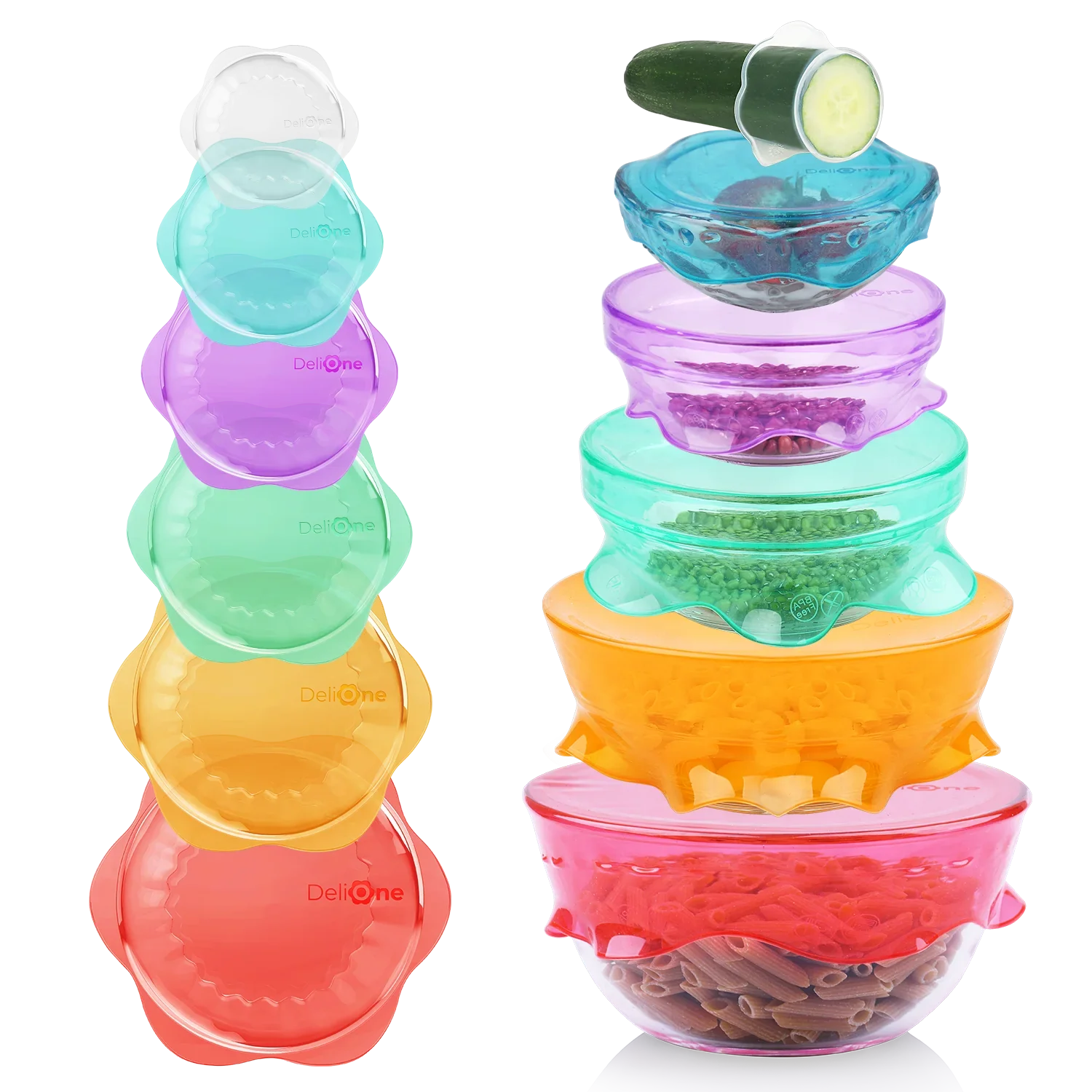 DeliOne Flex’n Fresh Stretch Lid covering a bowl, milk bottle and cut fruit