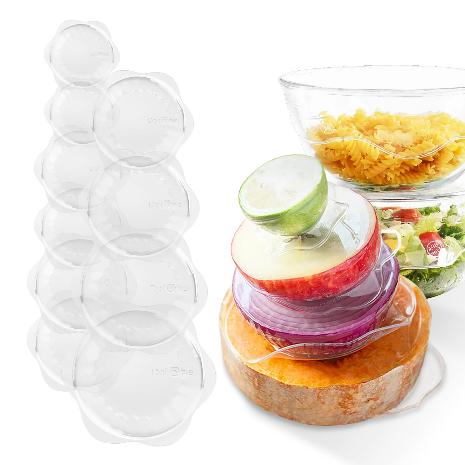 DeliOne Flex’n Fresh Stretch Lid covering a bowl, milk bottle and cut fruit