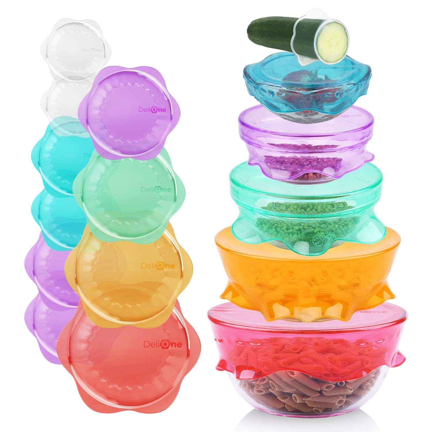 DeliOne Flex’n Fresh Stretch Lid covering a bowl, milk bottle and cut fruit