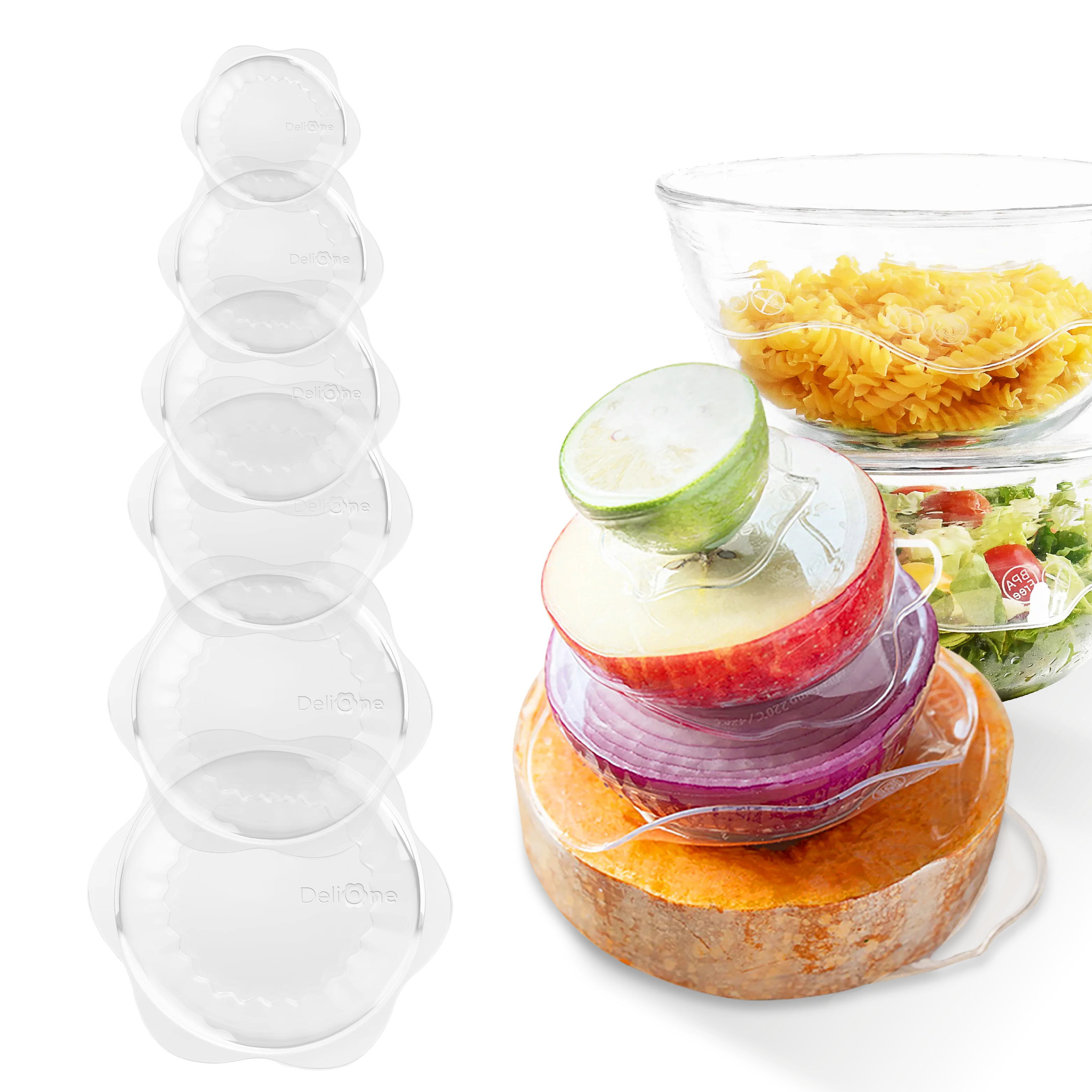 DeliOne Flex’n Fresh Stretch Lid covering a bowl, milk bottle and cut fruit